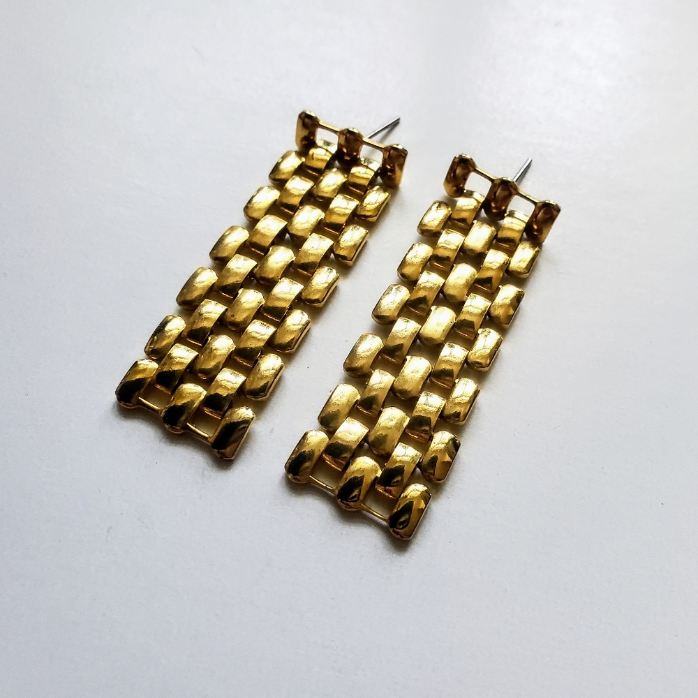 Square Panel Link Earrings Gold Tone 2"